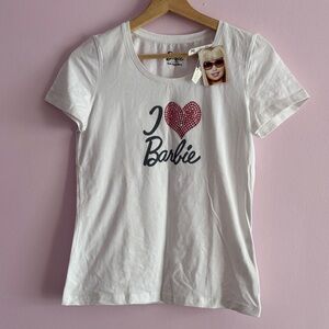 Barbie White Tee with Swarovski Crystal Pink Heart Design Size M